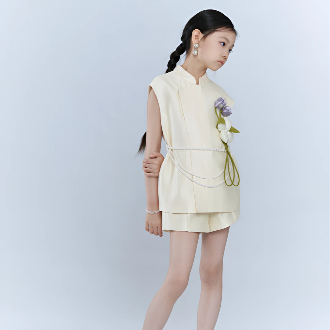 夏羽墨女童新款显瘦短款百搭压褶短裤气质香槟色时尚高腰短裤