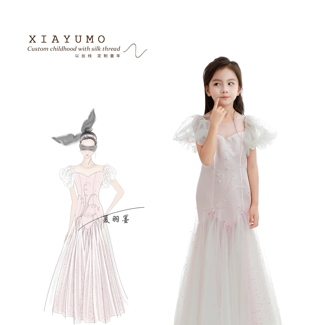 夏羽墨儿童礼服公主裙女童粉色刺绣花朵连衣裙生日女孩洋气裙子