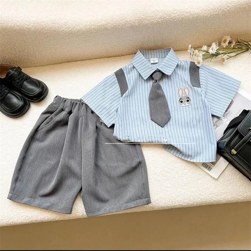 2025夏季新款条纹简约学院兔子刺绣两件套兔子警官男童衬衫套装