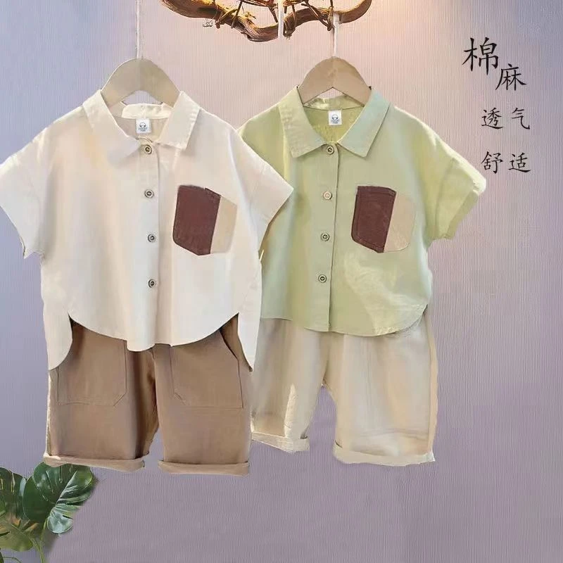 男童衬衫套装2024夏装新款男宝宝棉麻短袖衬衫洋气炸街衬衣潮款