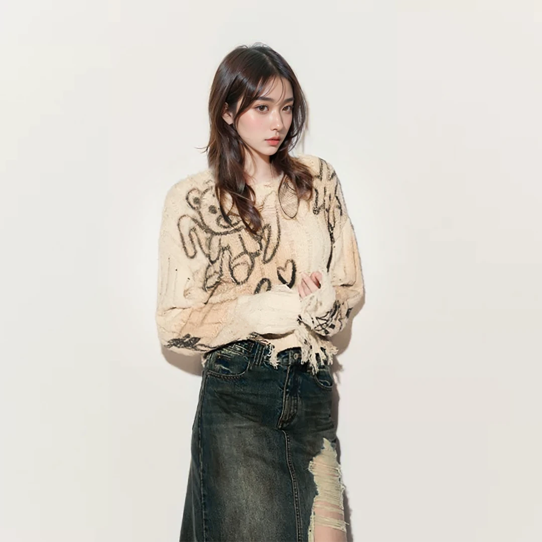【沙丘】废土风镂空毛边设计感晕染破洞百搭休闲毛衣.Y238