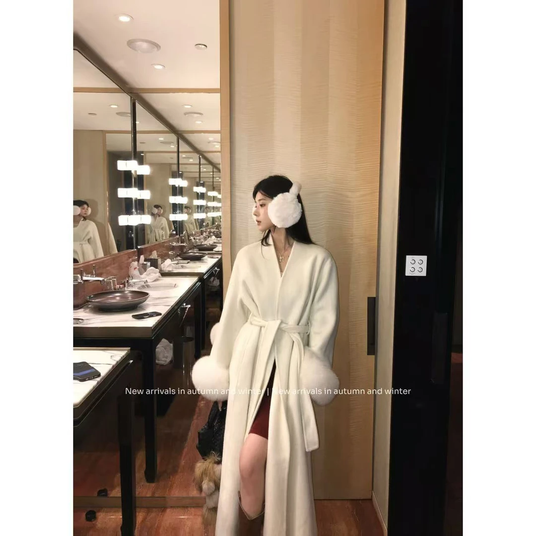 【林千入】狐狸毛袖口气质羊毛大衣女中长款秋冬毛呢外套