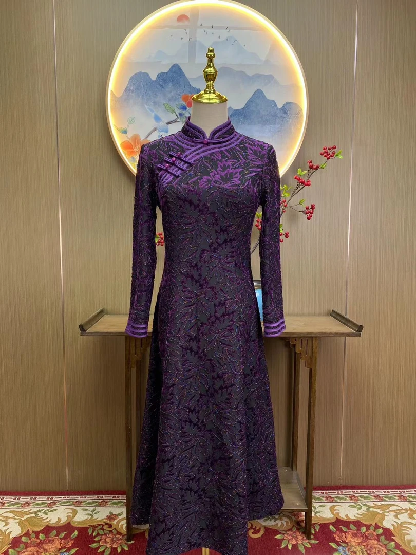 元春 重磅三包边七彩植绒绣花日常气质改良旗袍安诗歌