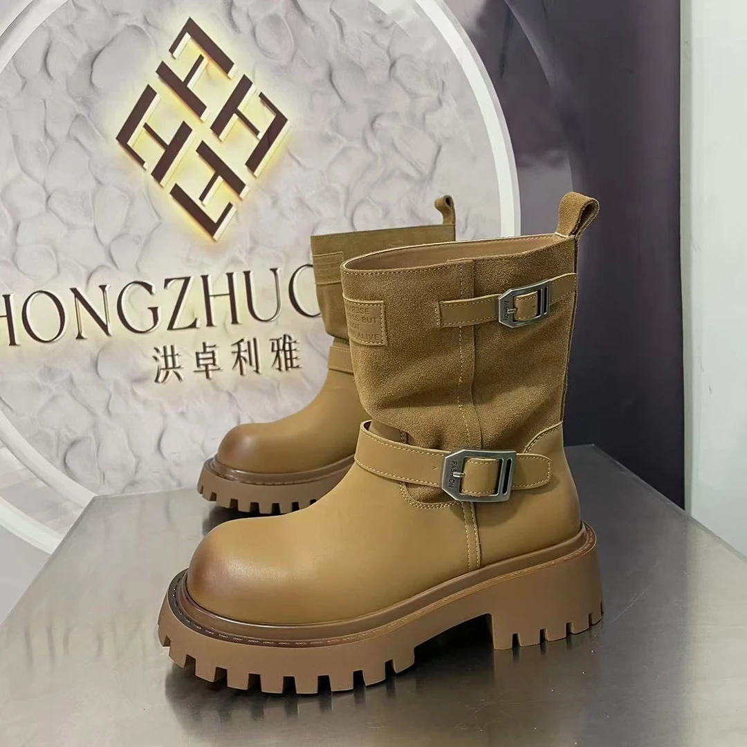 6665-20新款2024单里精品百搭潮流马丁靴中筒烟筒黑色女士春秋