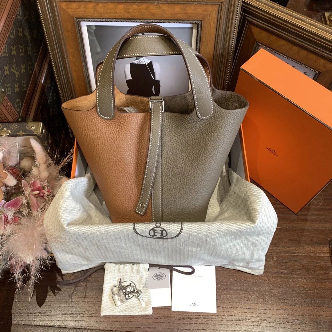 全新未使用 Hermes/爱马仕 菜篮子18W刻银扣大象灰拼金棕/sp21920