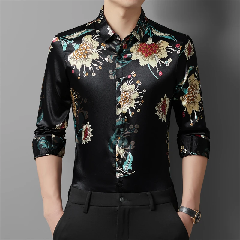 潮牌时尚印花衬衫男长袖2024春秋季新款休闲免烫中年爸爸装衬衣男