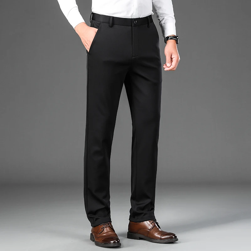 高端秋季黑色休闲裤男士四面弹力宽松直筒春秋款抗皱商务西裤子