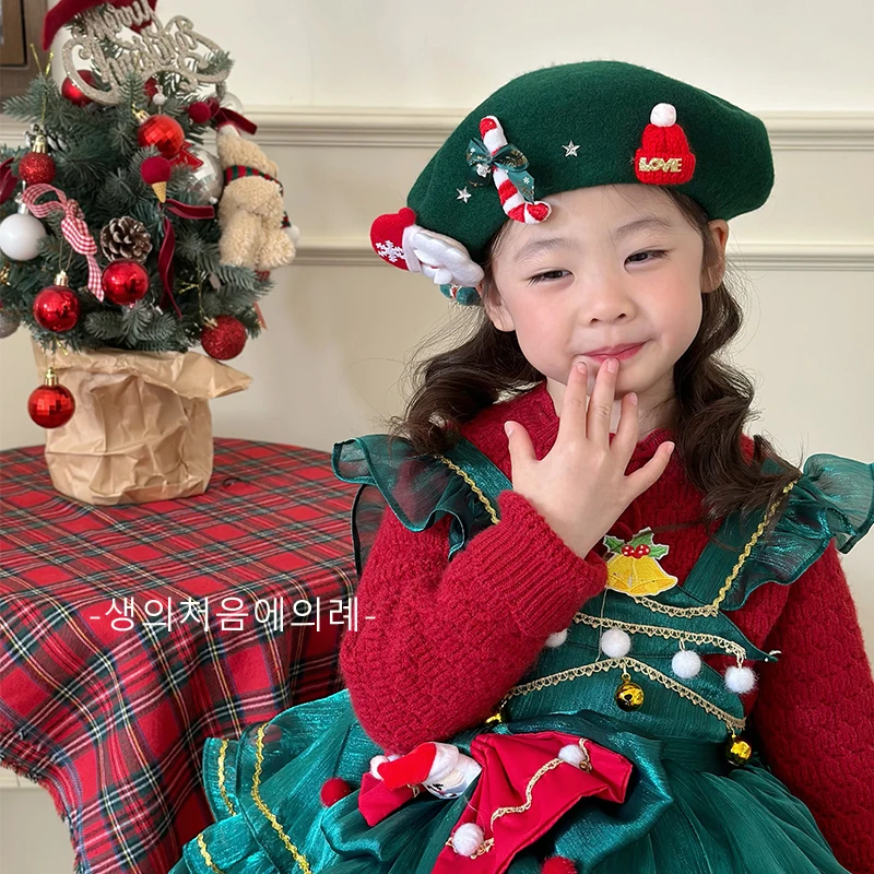 圣诞帽子儿童秋冬季女童毛呢贝雷帽防寒保暖宝宝氛围感老人圣诞树
