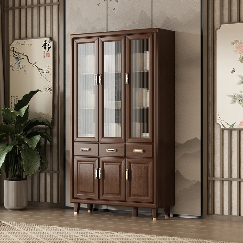 新中式纯实木书柜家用书橱一体整墙客厅储物柜书房办公室展示柜