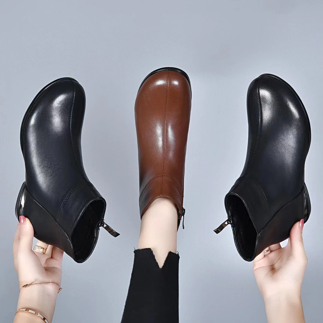 牛皮短筒小裸靴2023年秋冬新款真皮圆头低跟百搭加绒防滑妈妈棉靴