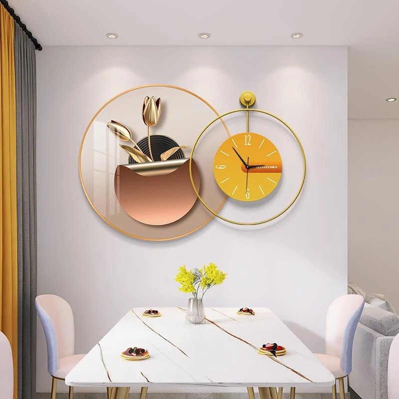 现代轻奢餐厅装饰画餐桌背景墙壁画厨房带钟画饭厅墙圆形挂画