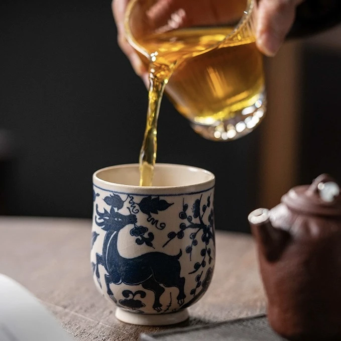 【刷刷专属】霖松堂 青花手绘开片双鹿泡茶壶主人杯景德镇高档茶具
