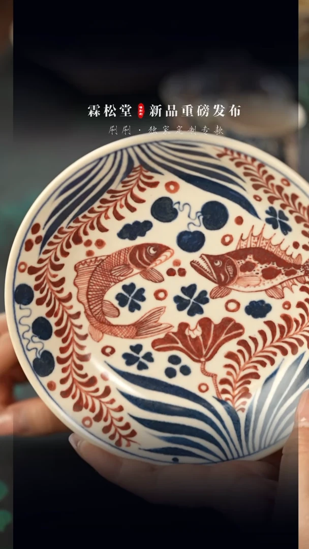 【闪购商品】霖松堂·鱼藻青花釉里红壶承