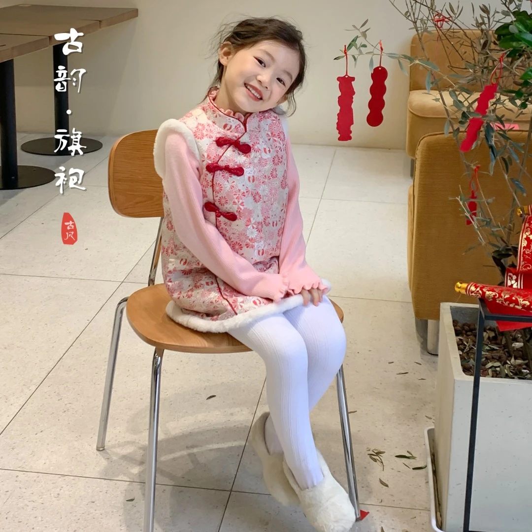 【招财猫】奶油KIDS女童2022冬年款缎面提花满印猫咪旗袍裙Y4472