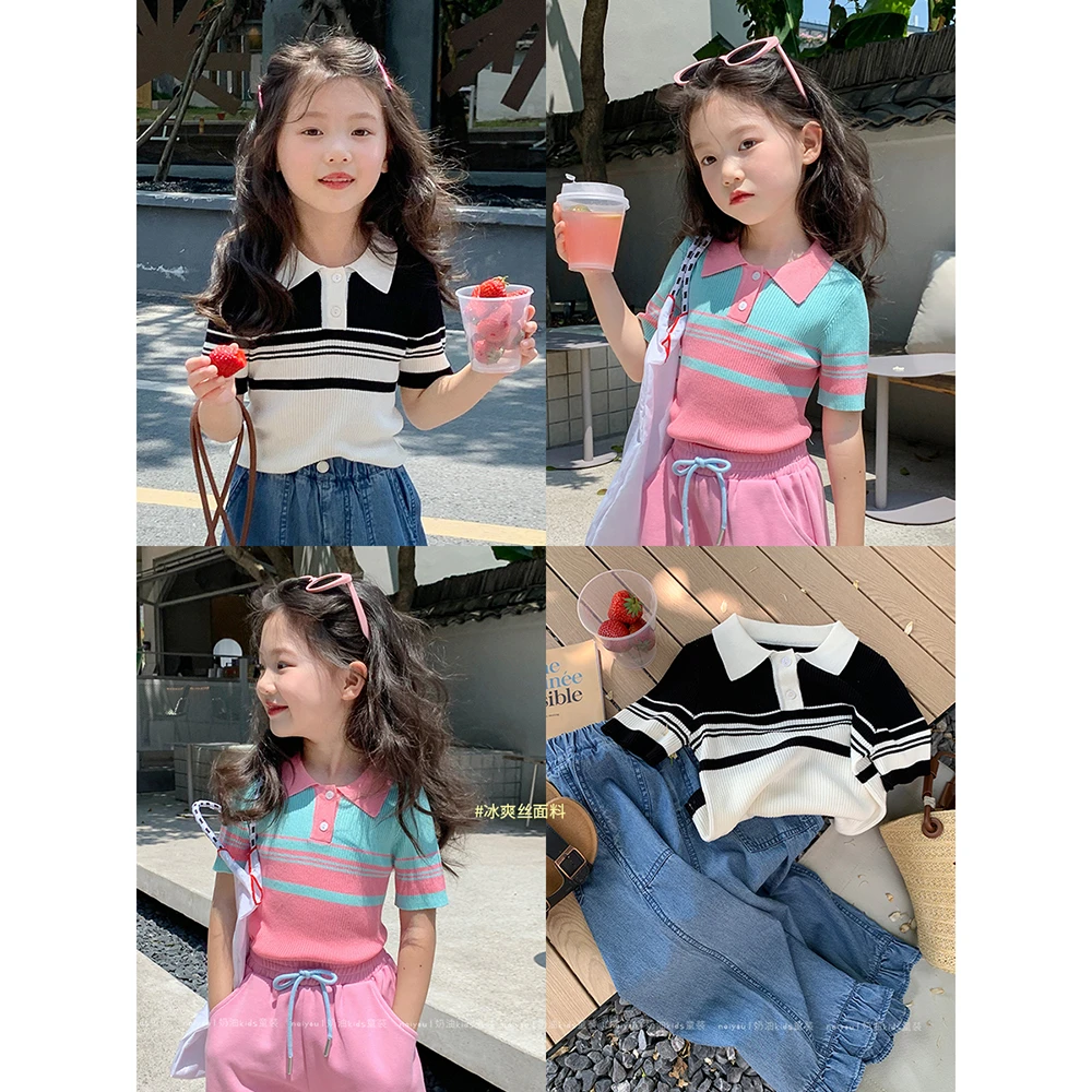 【泰喜欢】奶油KIDS女童2023夏季短袖上衣针织翻领Polo衫Y4859