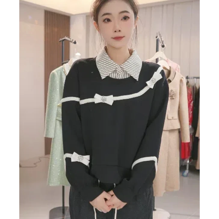 法式气质Polo领撞色拼接别致蝴蝶结长袖卫衣女2024秋冬新款上衣