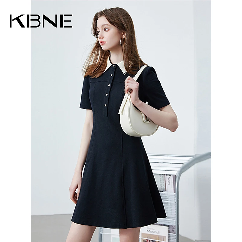 KBNE黑色连衣裙2025年夏季新款小个子翻领减龄polo裙740345102