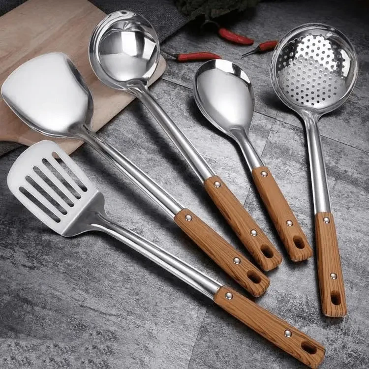 加厚防烫仿木纹煎厨房用不锈钢家用不锈钢锅粥勺汤勺子菜铲铲饭