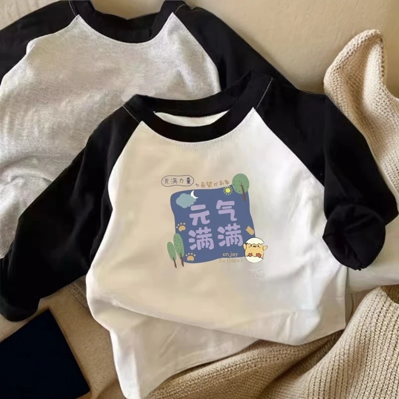 儿童春秋纯棉长袖插肩撞色T恤中小童宝宝男女童圆领印花休闲上衣t