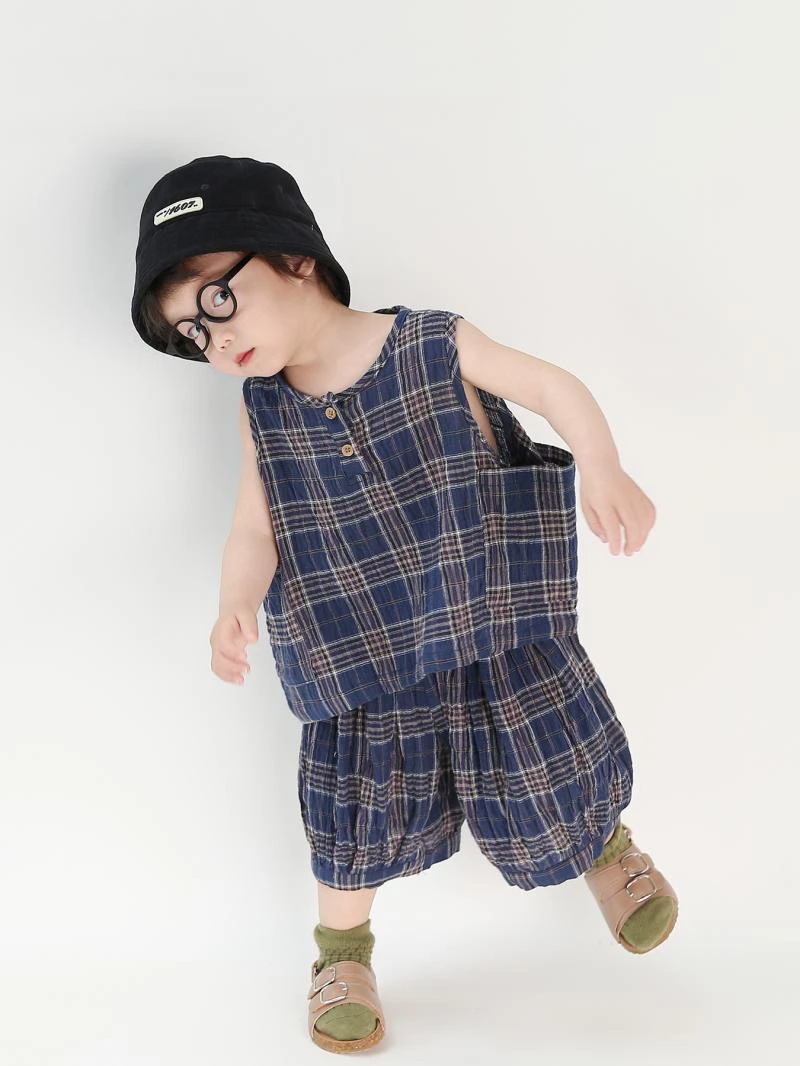 单层棉纱~儿童宝宝套装两件套2025夏季薄款格子背心T恤+儿童套装