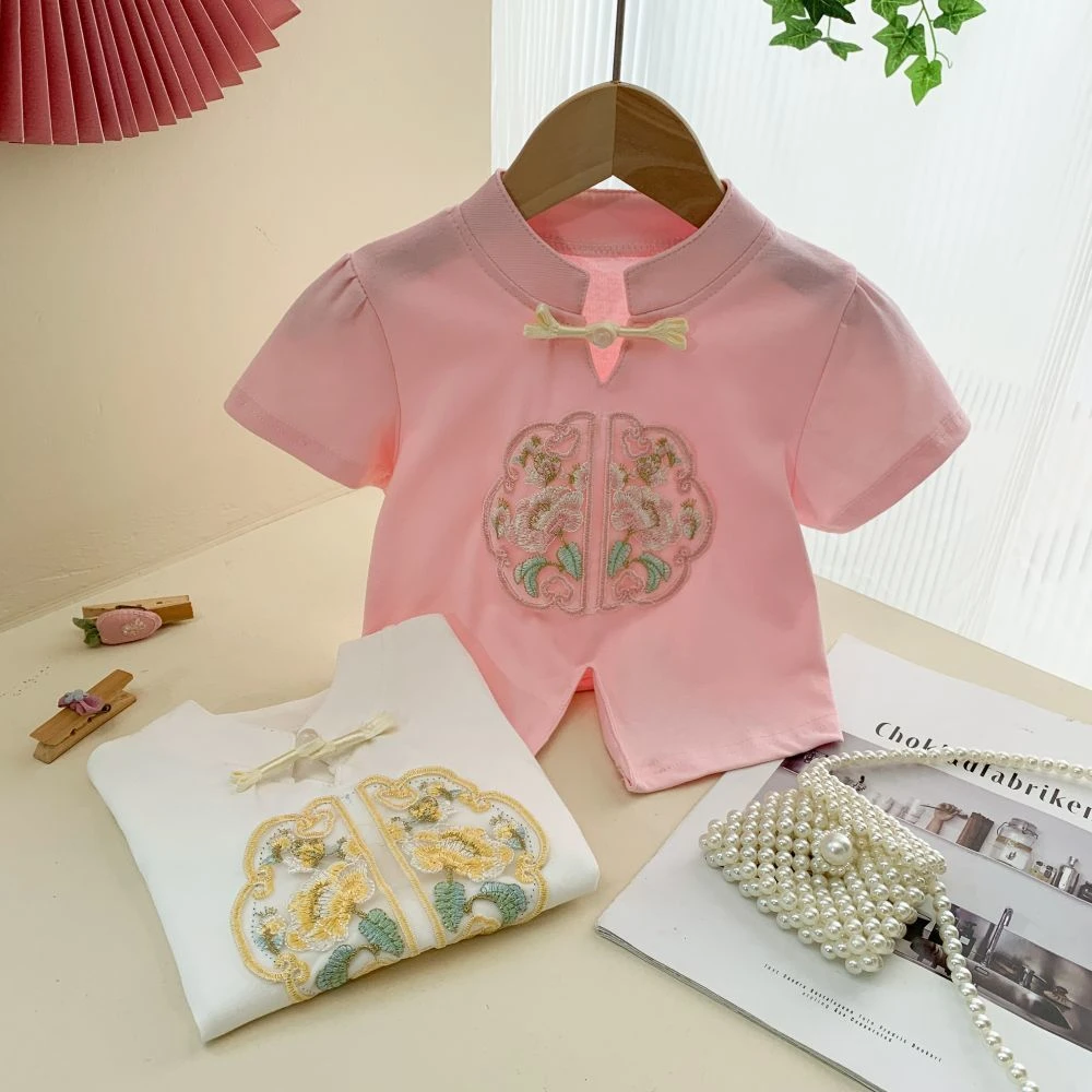 女童洋气中式国风纯棉短袖T恤童装2024夏季新款女孩复古盘扣刺绣