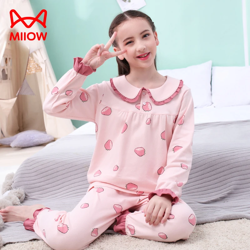 MiiOW/猫人女童睡衣春秋纯棉女孩儿童家居服全棉薄款长袖秋衣套装