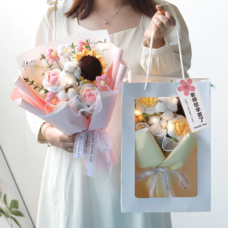 教师节手工礼品针织花束仿真向日葵玫瑰成品花束送老师生日礼物