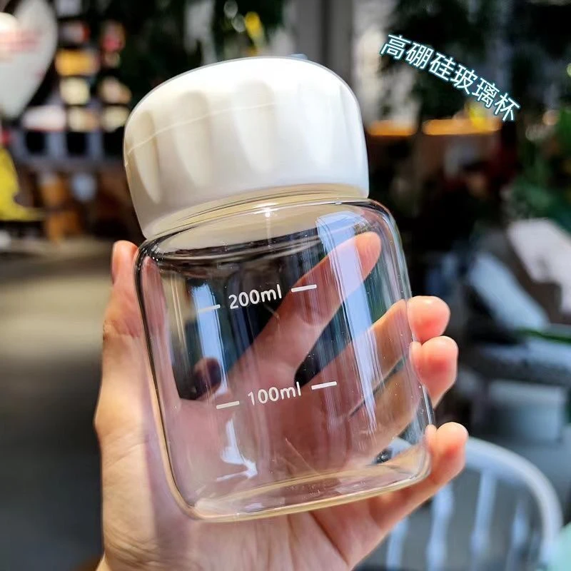 高硼硅玻璃杯女便携水杯奶茶杯ins风格刻度牛奶杯高颜值韩版带盖