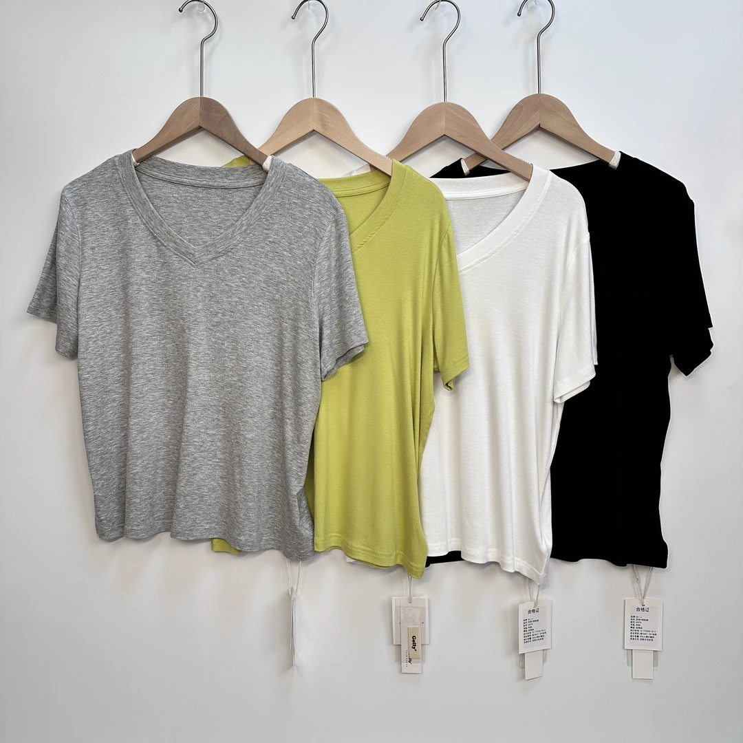 v领夏季薄款显瘦纯色t恤女休闲百搭修身
