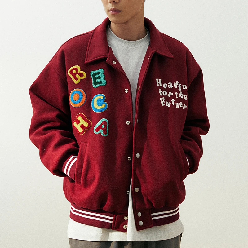 REOCHA23AW秋冬国潮潮牌情侣字母毛巾绣夹棉棒球服棉服夹克外套男