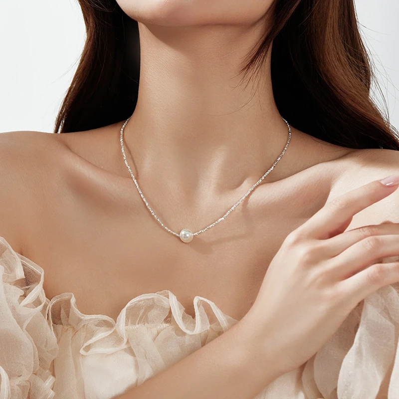链子足银 999足银碎银子珍珠项链女 法式轻奢小众锁骨链ins