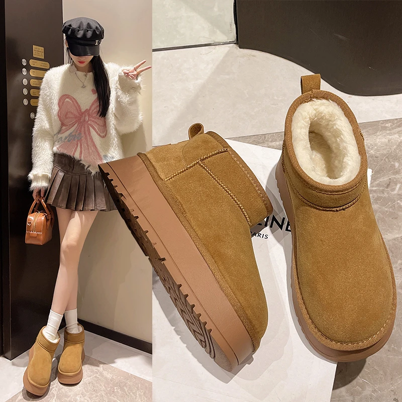 【粉丝福利】【周冬雨同款】真皮牛皮百搭短筒雪地靴加厚保暖加绒5856