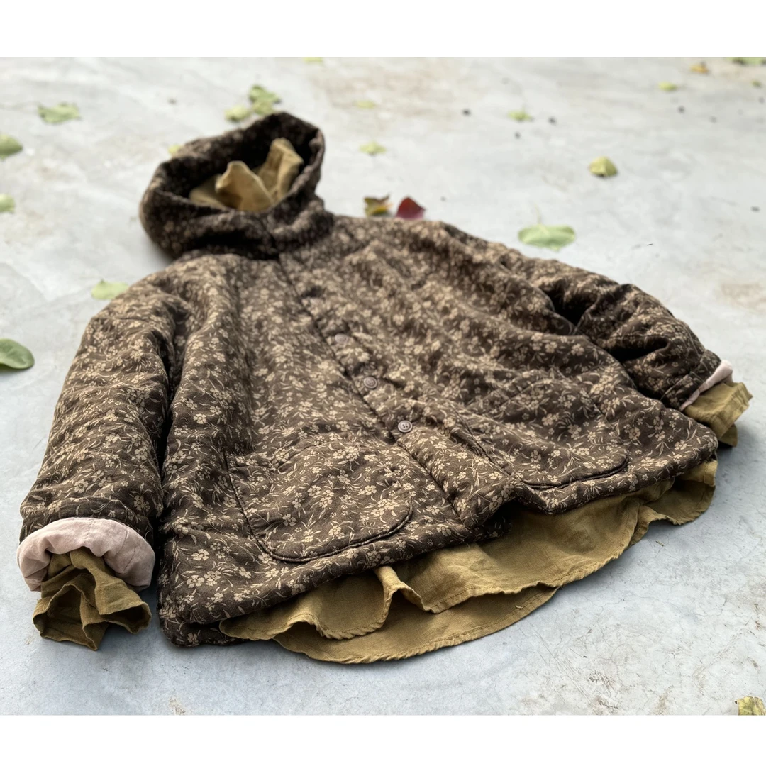 4391水洗亚麻印花夹棉帽衫棉衣文艺复古宽松圆弧底边保暖开衫棉服