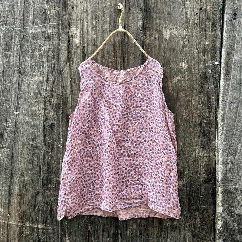 4376高品质苎麻休闲舒适打底背心紫色无袖文艺复古宽松上衣