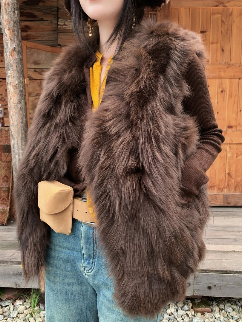 SISTER姐妹家【梧桐落叶】韩系温柔风显瘦平角坎肩狐狸毛皮草马夹女