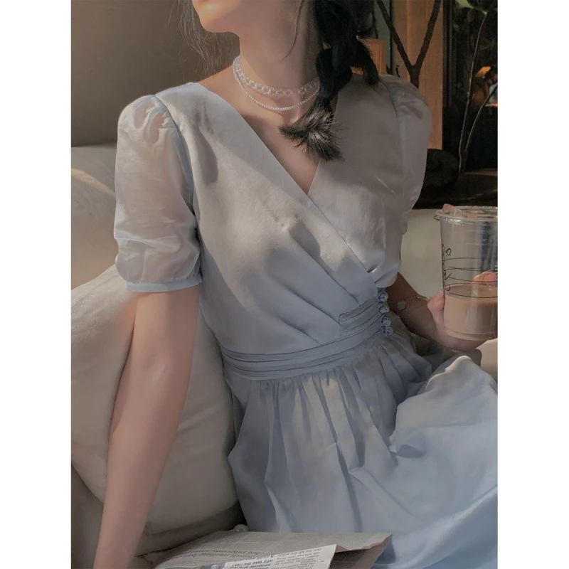 天丝盘扣连衣裙女2023夏装新款气质收腰显瘦裙子法式中长款仙女裙