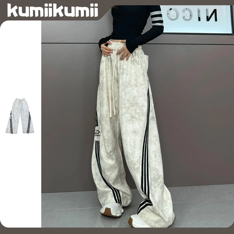 美式高街扎染三条杠休闲裤子女2024新款春秋宽松bf休闲风阔腿长裤