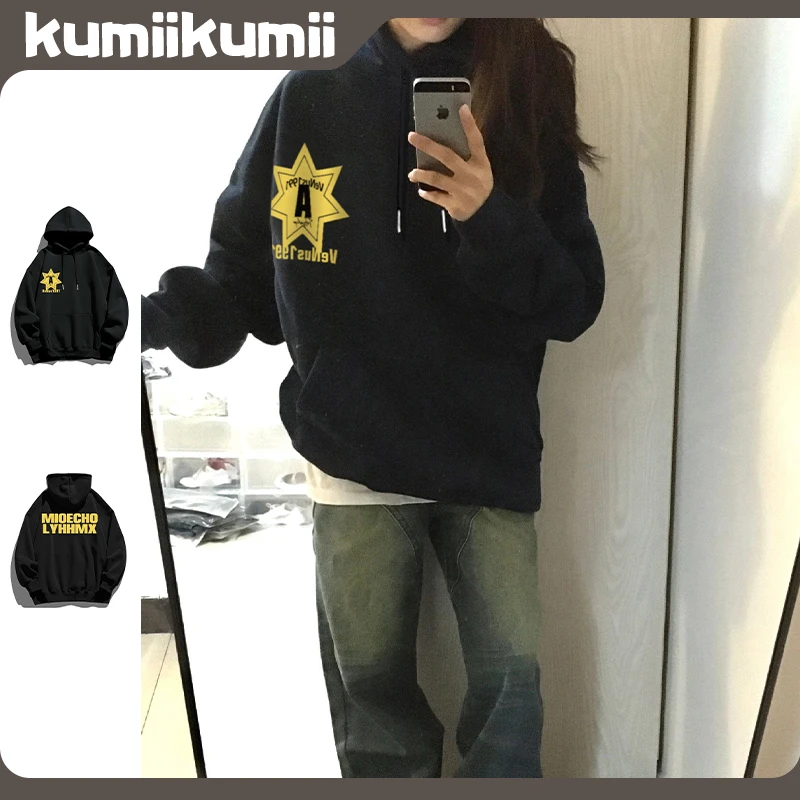 徽章字母印花帽衫气质百搭小众设计休闲运动风连帽套头卫衣#T7708