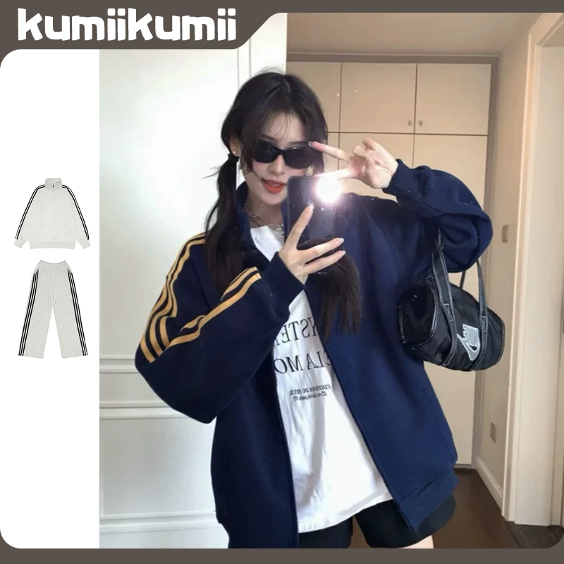 秋冬季宽松三条杠潮牌立领卫衣外套搭配直筒裤时尚百搭休闲套装