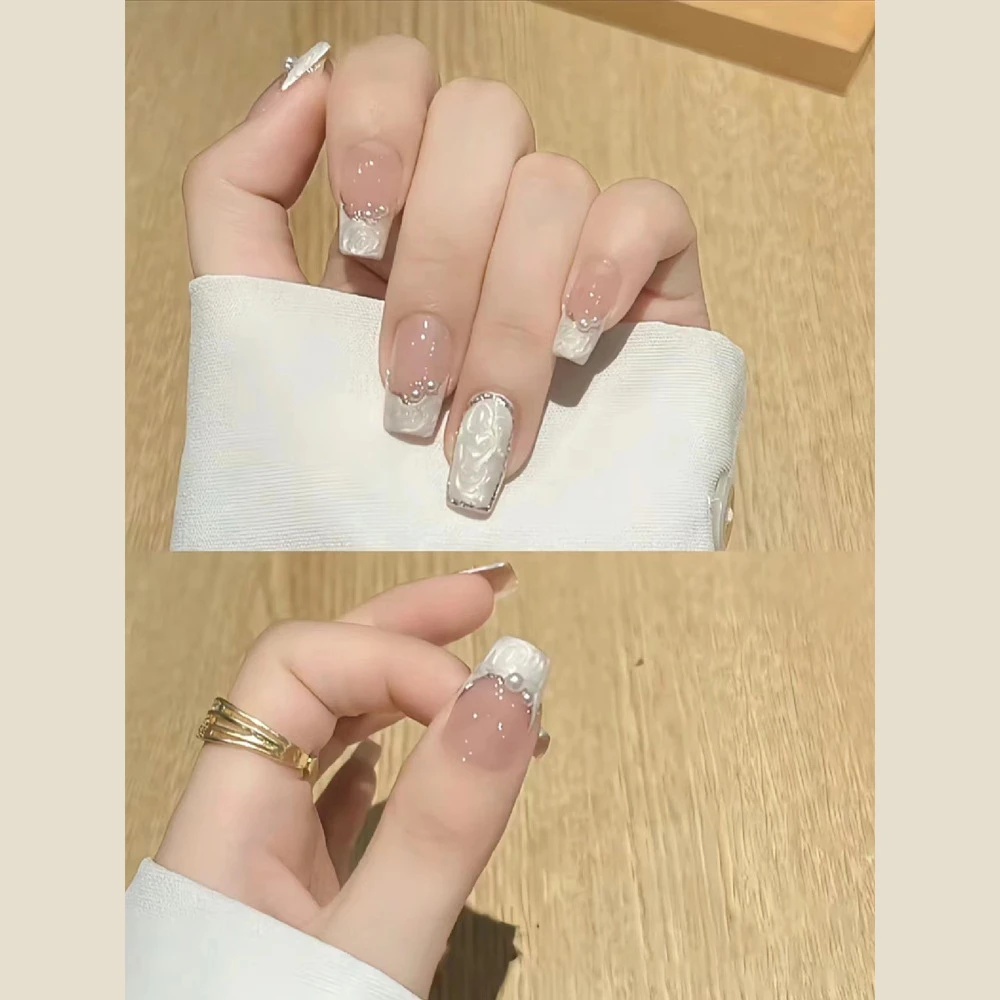 【白色琉璃】纯手工美甲穿戴甲假指甲贴片新款裸色显白水韵琉璃甜酷