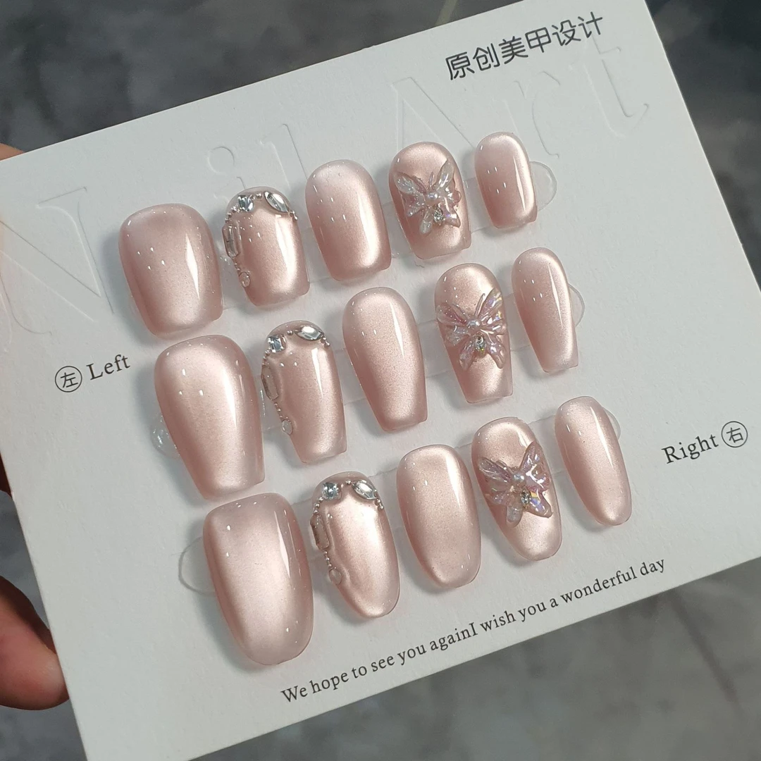 【蝴蝶仙子】纯手工穿戴甲新品立体粉色猫眼蝴蝶马眼钻爆款美甲贴