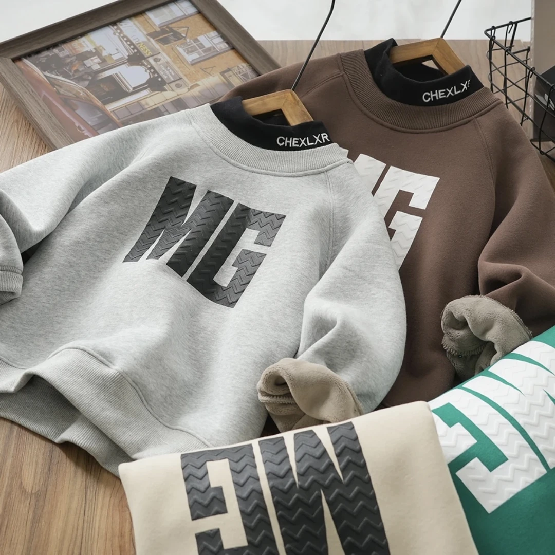 冬季休闲套头儿童上衣中大童加绒卫衣气圆领宽松上衣HZ-5253