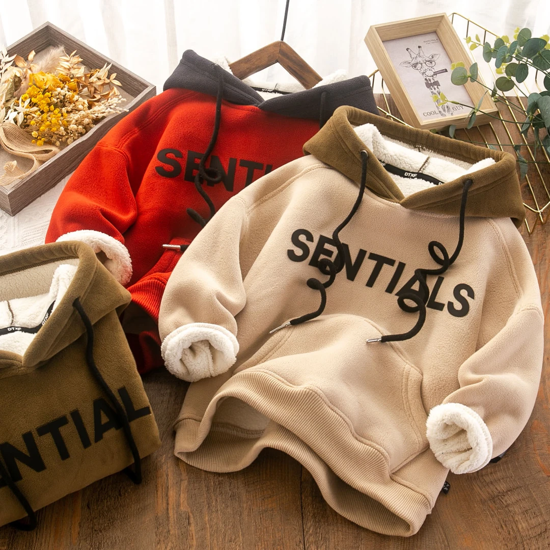 儿童冬季新款羊羔绒连帽卫衣中大童拼色DTXF-22822