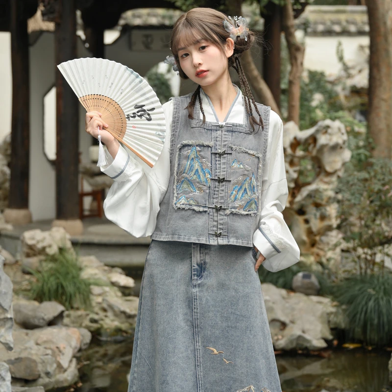 千里江山牛仔系列 新中式牛仔改良短外套夏季森女部落原创