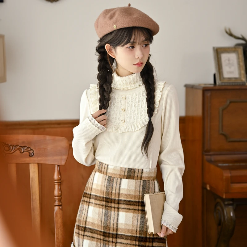 森女部落原创蕾丝花边甜美长袖高领T恤打底衫2025年新款女装冬装