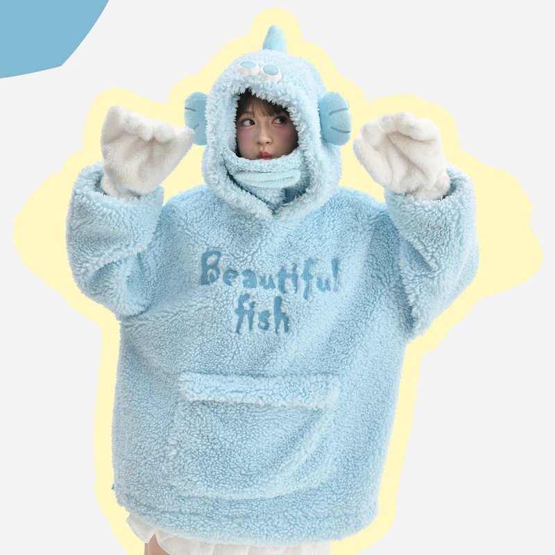 森女部落原创可爱小鱼立体造型绒衫搞怪卫衣2025年新款女装秋冬款