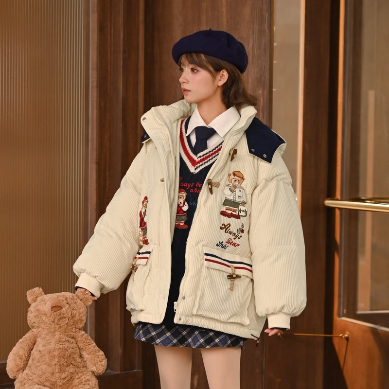 森女部落原创学院风棉衣棉服撞色可爱蓬蓬面包服冬2024年新款女装