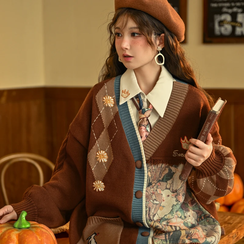 森女部落原创复古针织开衫撞色学院风长袖衬衫高腰半身裙套装秋季