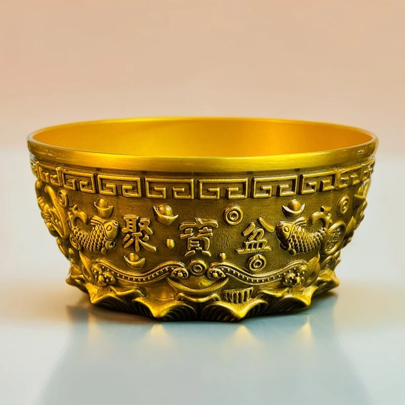 纯黄铜12CM双鱼聚宝盆摆件中式风格办公室家居装饰品开业礼品