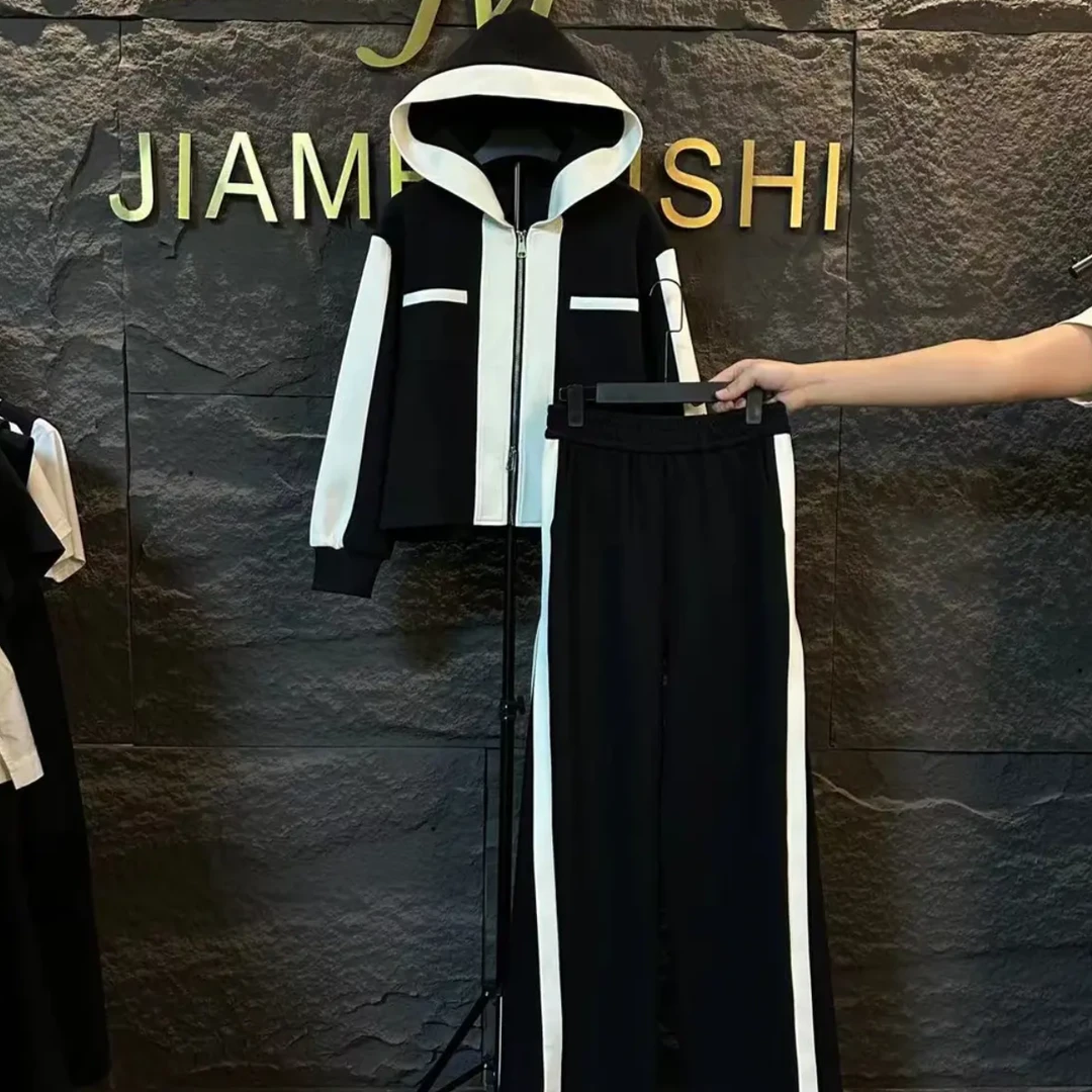 Q MI 新款连帽黑白拼接撞色套装1106